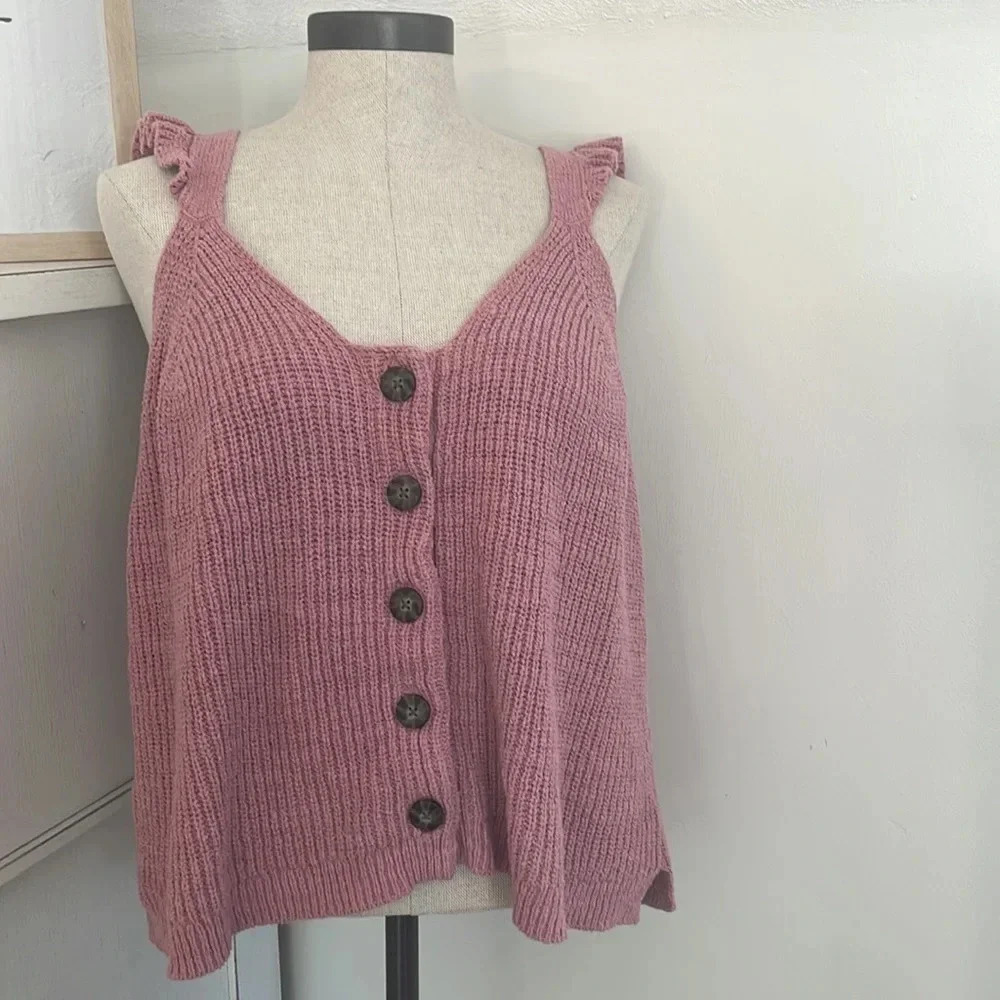 Madewell‎ ruffle-strap button-front sweater tank pink size Large - Picture 2 of 7